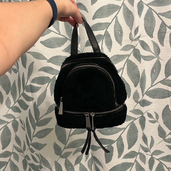 Michael Kors Sherling with Leather Trim Fur Backpack Mini Black Silver Hardware - Picture 1 of 11
